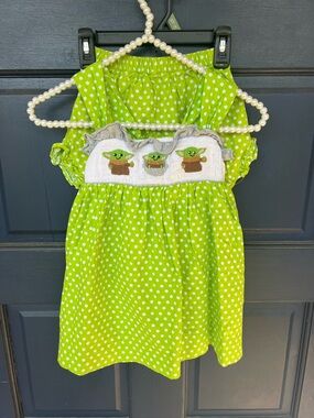 Green Polka Dot Smocked Short Set With Baby Yoda Embroidery
